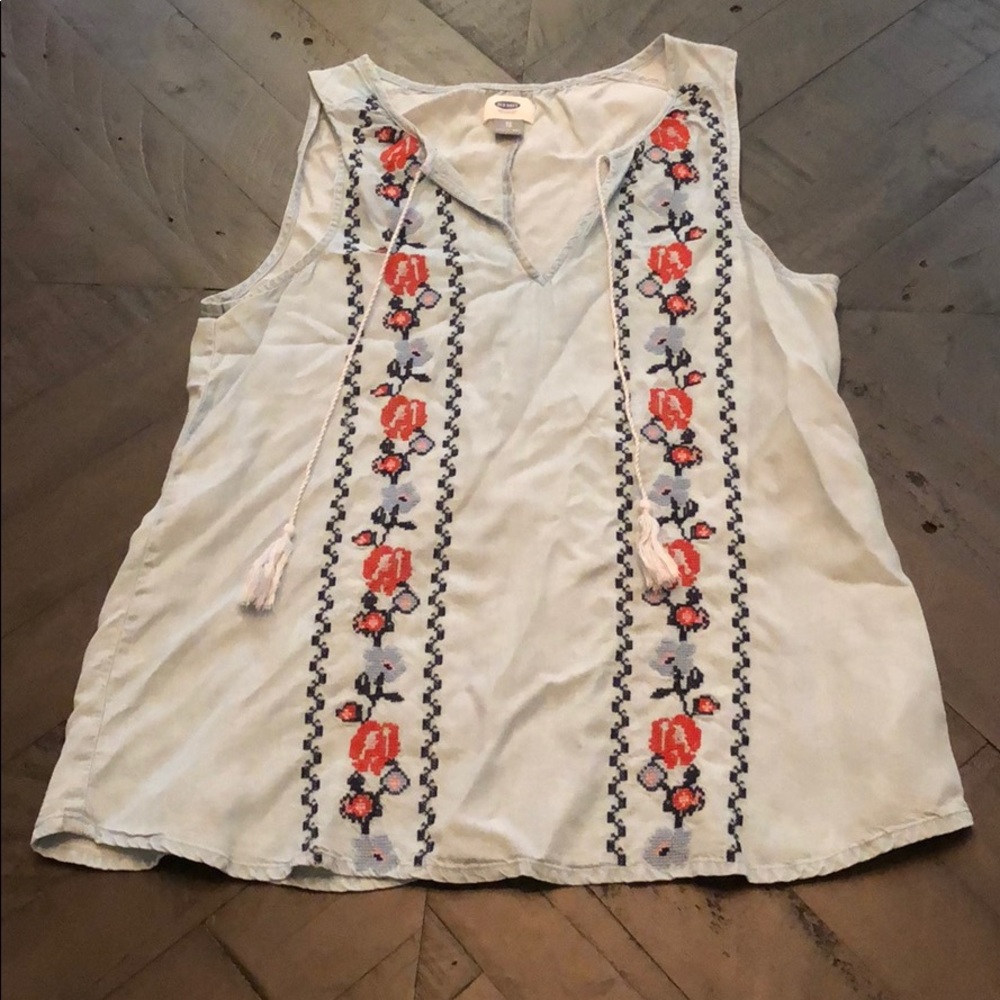 Chambray embroidered tank with tassels